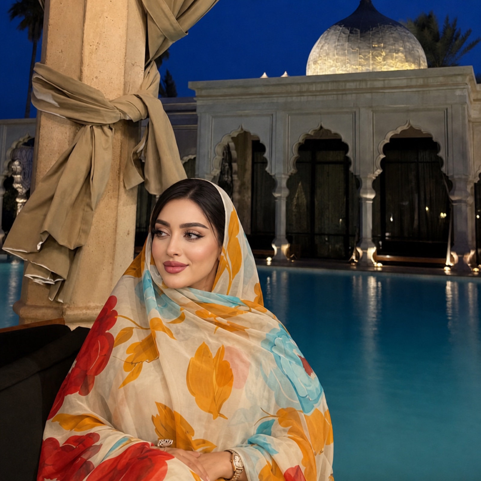 Melhfa at a Moroccan palace pool at dusk